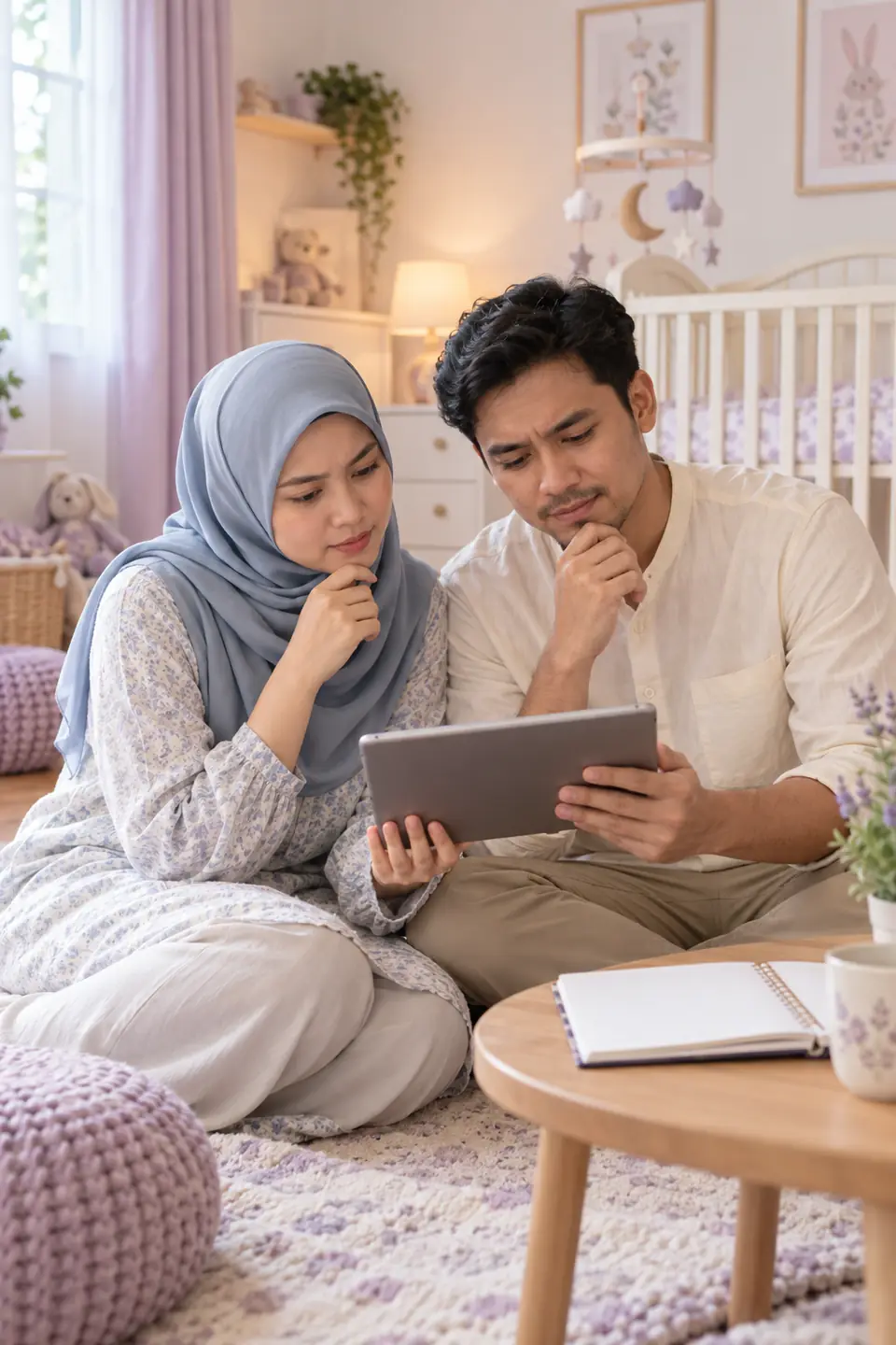 Ilustrasi AI ibu bapa mencari panduan penjagaan bayi